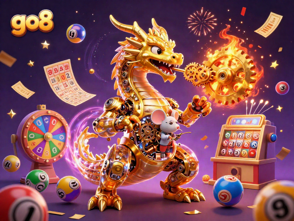 Engage with exciting go8 casino action featuring a golden dragon and colorful lottery elements.