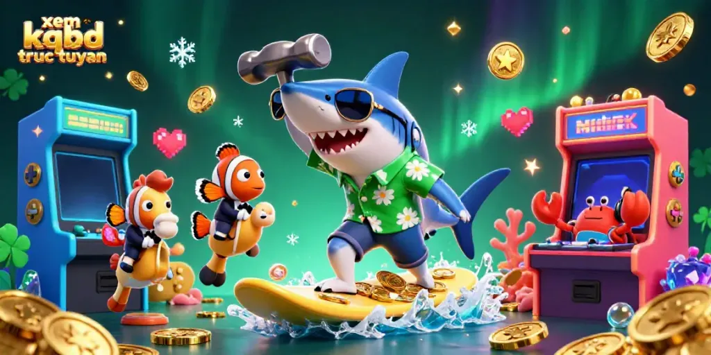 Experience xem kqbd truc tuyen as a shark surfs gold coins amidst vibrant 3D gaming elements.