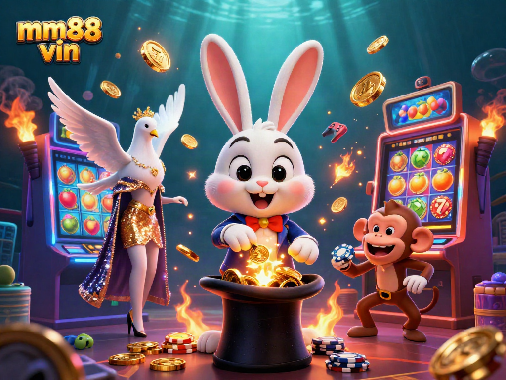 Experience the excitement of mm88 vin with a vibrant casino illustration featuring a magical rabbit and playful characters.