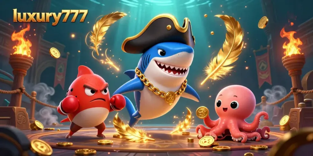Lively Luxury777 scene featuring a pirate shark, boxing pufferfish, and octopus with gold coins amidst dynamic casino elements.