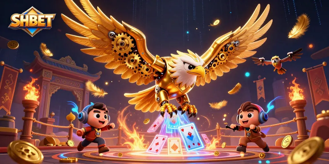 Experience thrilling action at SHBET with a cybernetic eagle flying through holographic cards amidst a vibrant casino atmosphere.