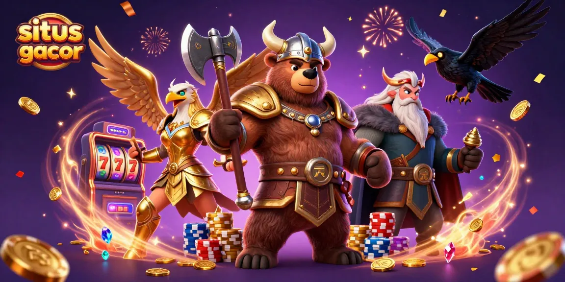 Situs slot gacor menampilkan beruang Viking dan elang Valkyrie dengan simbol jackpot menyala.