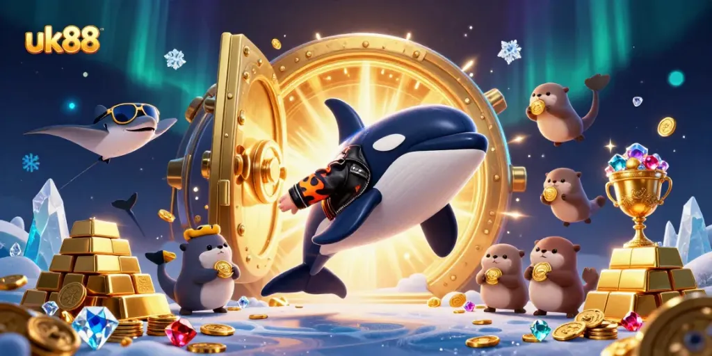 Experience winning at uk88 with a 3D cartoon scene full of vibrant casino elements, treasures, and playful characters.