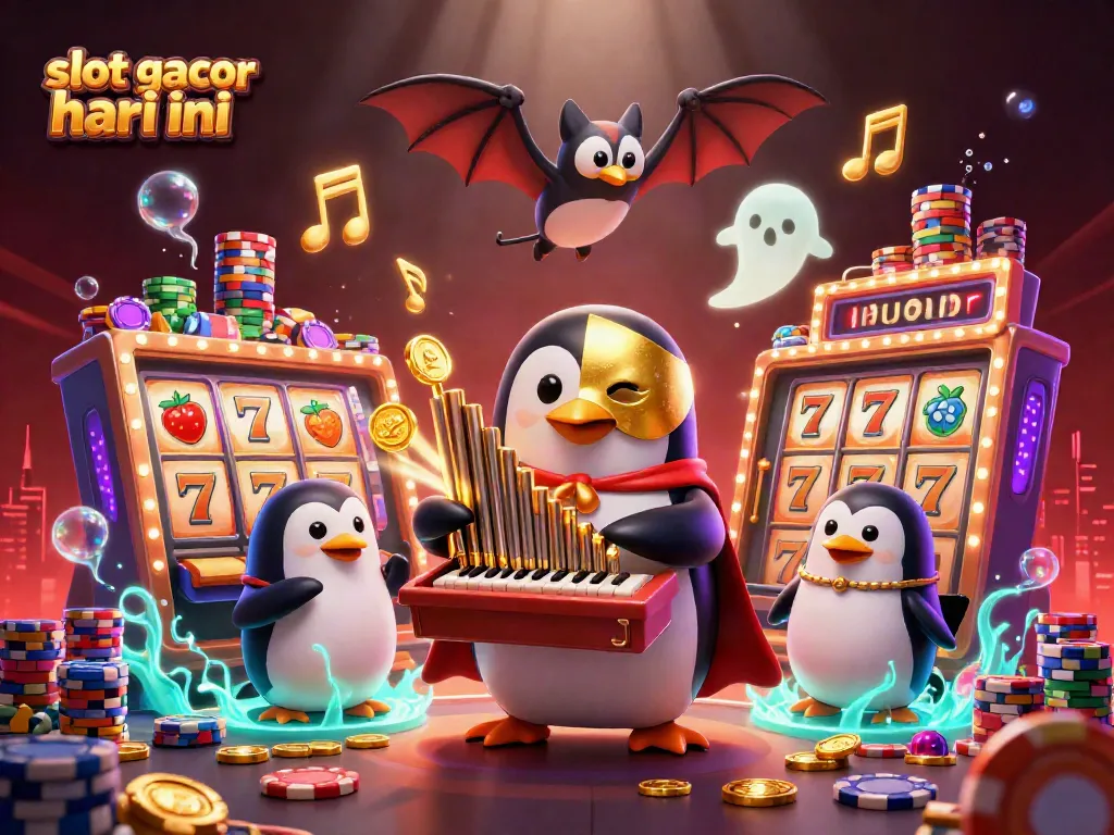 Menangkan slot gacor hari ini dengan ilustrasi 3D menarik dari penguin opera yang bermain alat musik dan koin emas yang terbang.