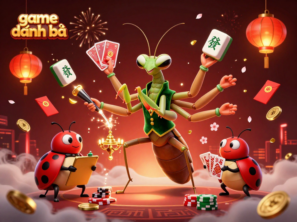 Engage in game đánh bài excitement with a whimsical scene of a card sharp and pit boss amidst festive casino elements.