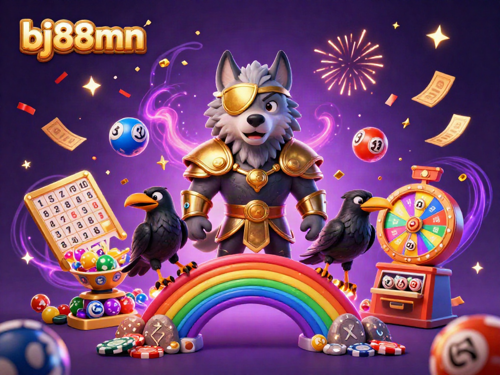 Engage with the excitement at bj88mn, featuring Odin and his ravens amidst vibrant casino elements.