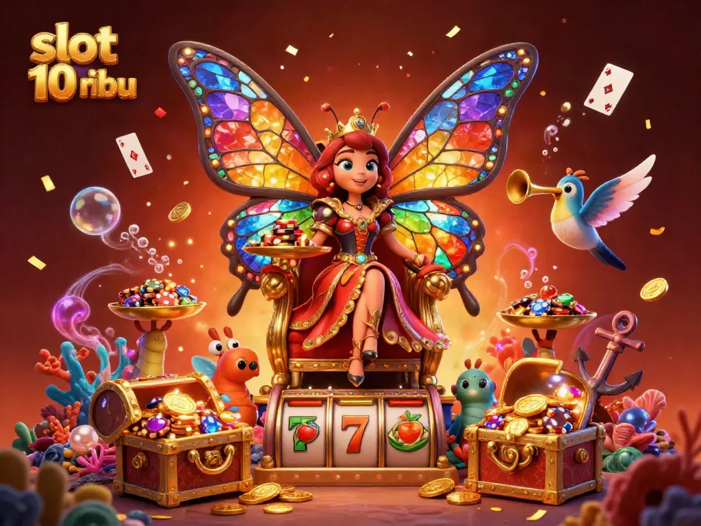 Experience the excitement of slot 10 ribu with vibrant characters, jackpots, and treasures in a captivating scene.
