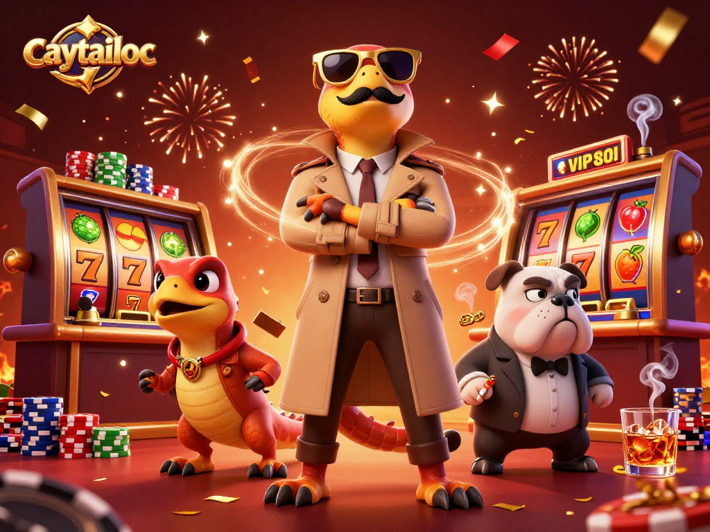 Experience high-stakes excitement in caytailoc's colorful slot scene filled with lively characters and flamboyant casino elements.