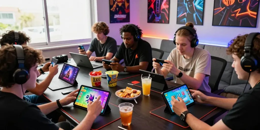 Penggemar menang66 bermain game online di ruang yang ceria dan bersemangat.