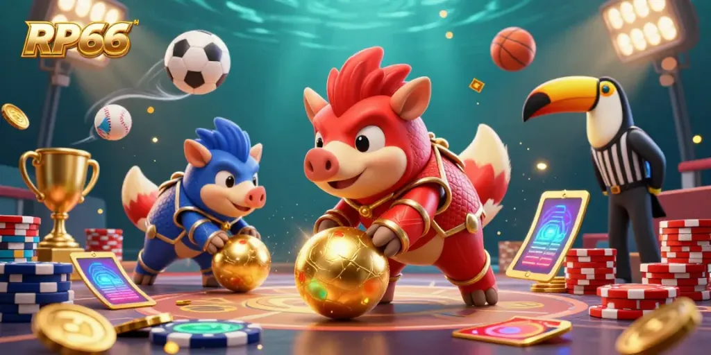 Experience casino excitement as rival pangolins roll golden balls at RP66 with lively poker chips and vibrant elements.