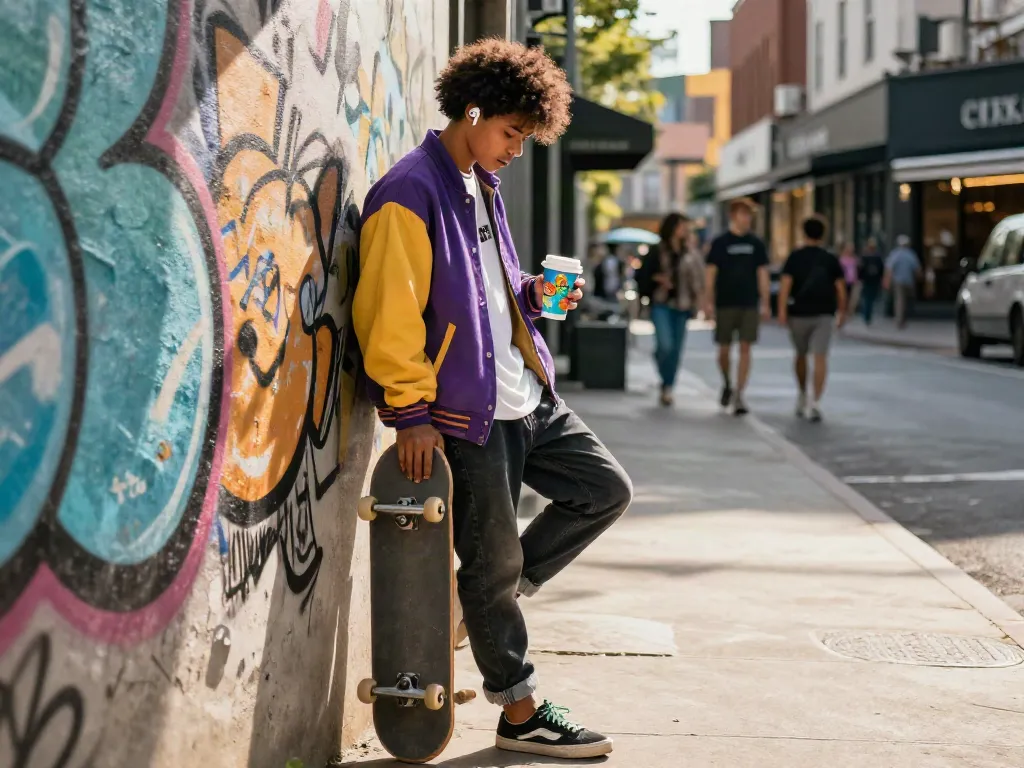 Streetwear lifestyle scene featuring peh888 on urban street with vibrant graffiti and skateboard.