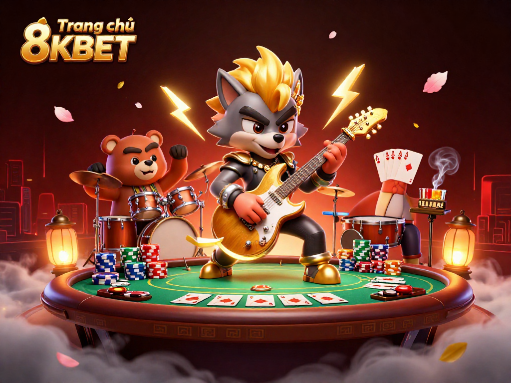 Experience the thrill of Trang chủ 8KBET with a vibrant casino scene featuring a rock star wolf and drummer bear.