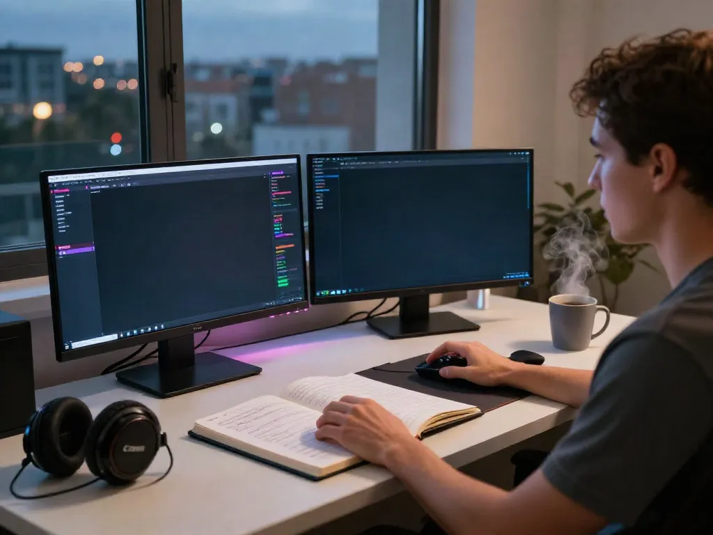 A modern online gambling setup showcasing akunjp gaming interfaces in a cozy office.