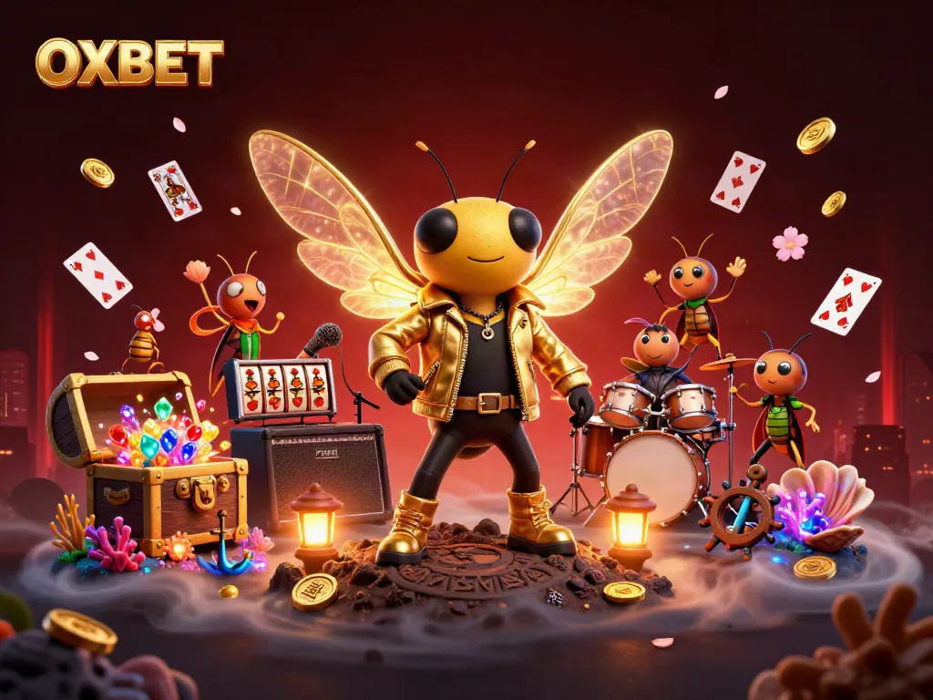 Experience the excitement of OXBET with dynamic casino elements and 3D characters in a vibrant setting.