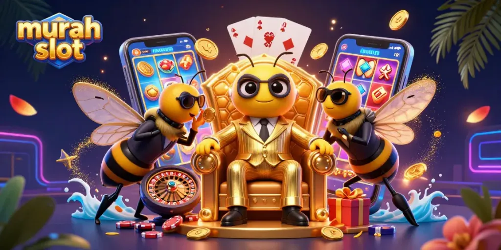 Slot murah dengan karakter lebah mafia dalam ilustrasi 3D berwarna-warni.