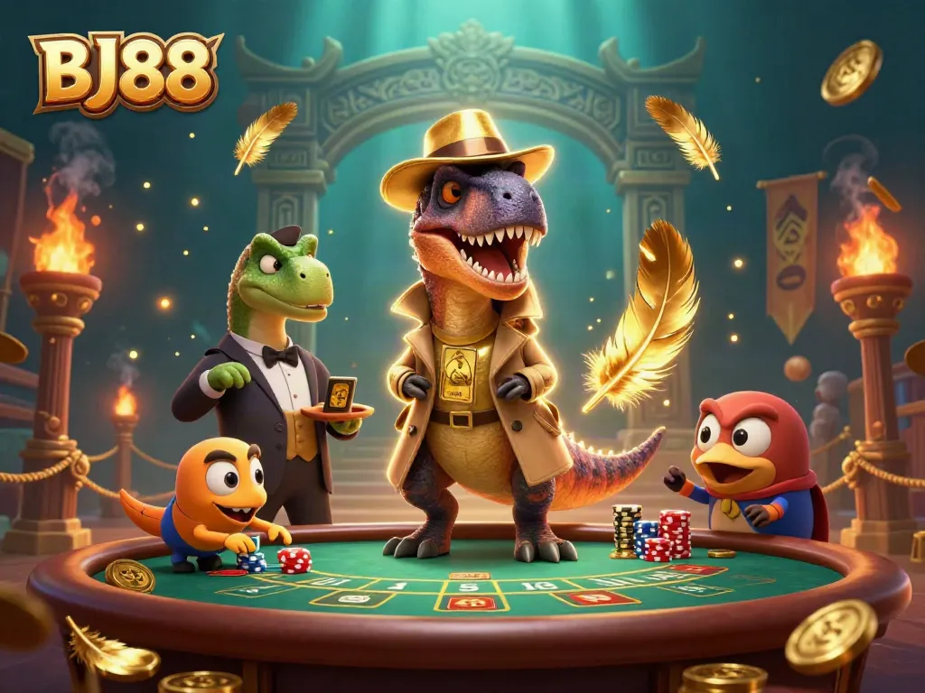 Engage in thrilling BJ88 gaming with a velociraptor card counter at an exciting casino scene.