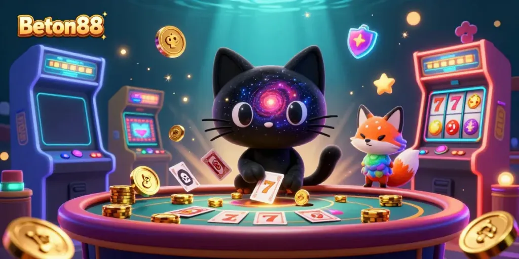 Beton88 menghadirkan suasana kasino dengan karakter cat lubang hitam dan rubah nebula yang memikat, dikelilingi elemen permainan.