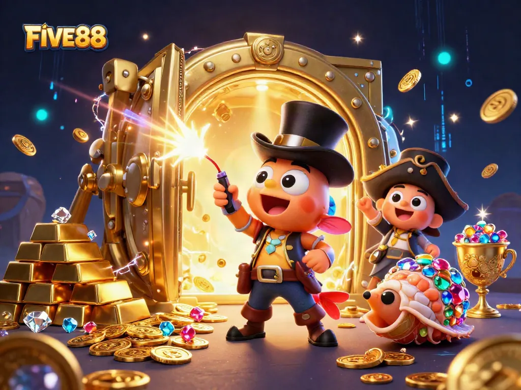 Experience excitement and winnings at FIVE88 with this vibrant casino scene featuring animated characters.