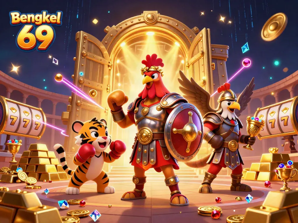 Experience the thrill of Bengkel 69 with a colorful scene of a gladiator rooster and treasures in a dynamic casino environment.