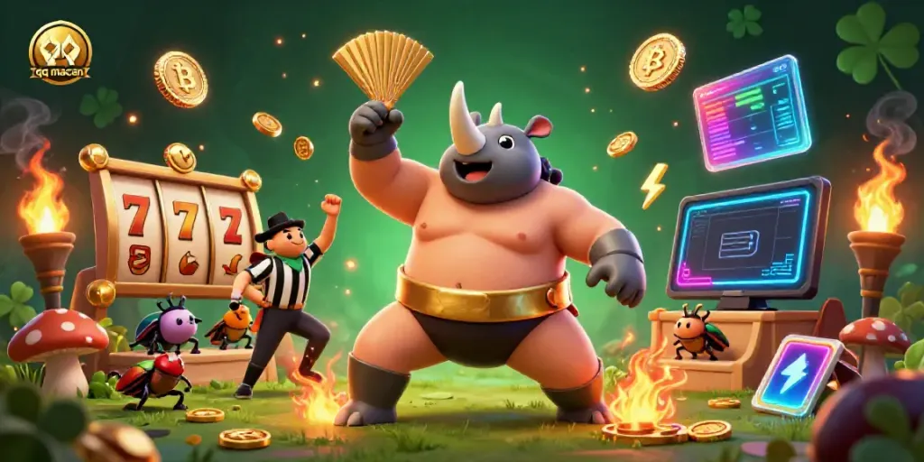 Experience thrills with qq macan’s colorful casino action featuring a beetle champion amidst slot reels and crypto elements.