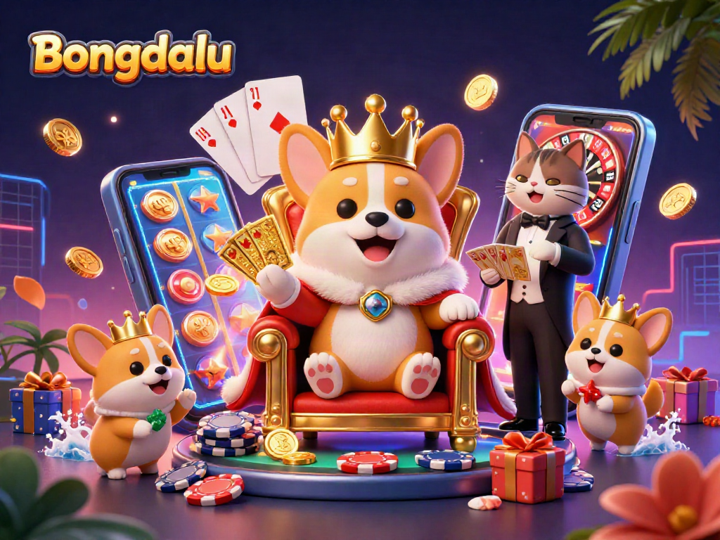 Bongdalu showcases a royal corgi surrounded by vibrant casino elements and thrilling game moments.