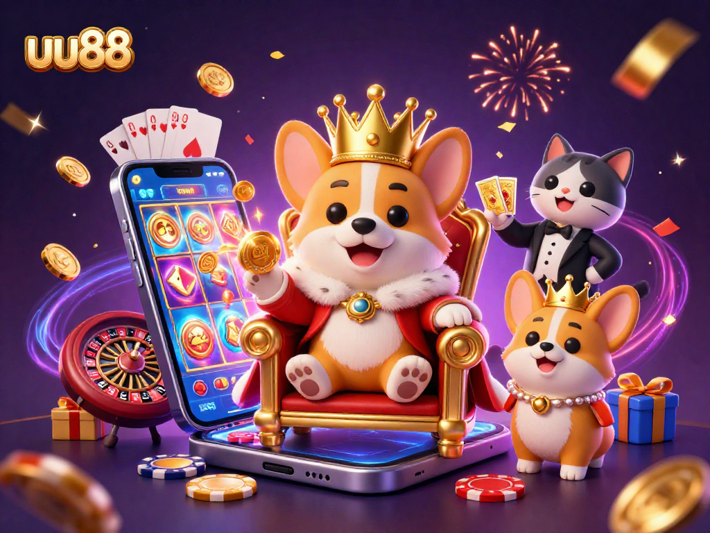 Experience the joy of gambling with uu88, featuring a royal corgi on a throne among vibrant casino elements.