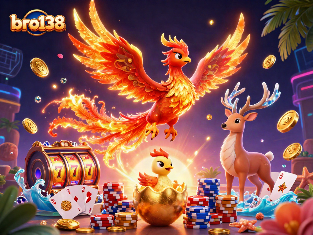 Experience the thrill of bro138 slots with vibrant phoenix and mystical stag amid golden treasures.