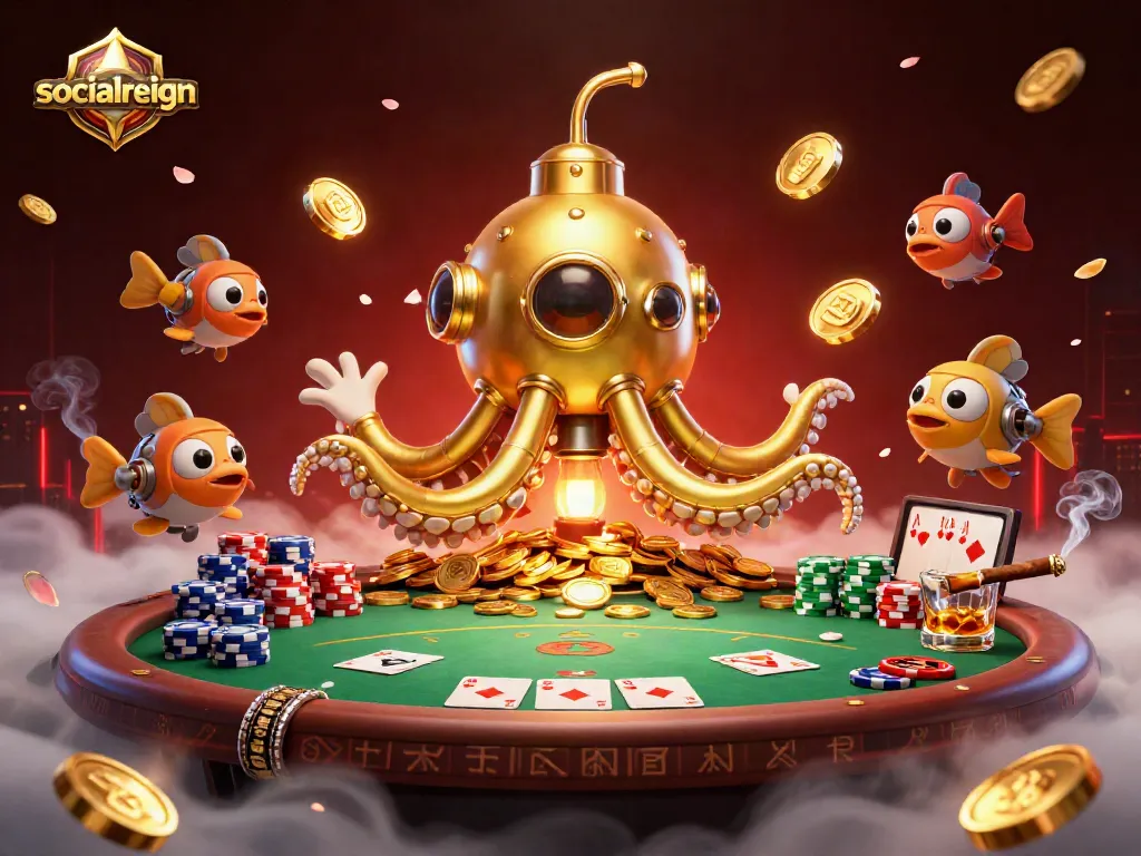 Experience socialreign in this vibrant 3D casino scene with kraken submarine and poker elements.