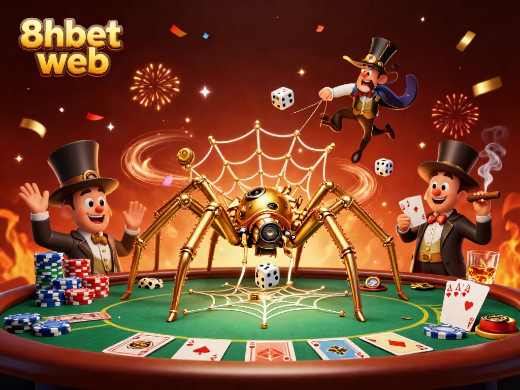 Experience thrilling gameplay at 8xbet web with a lively steampunk casino illustration.