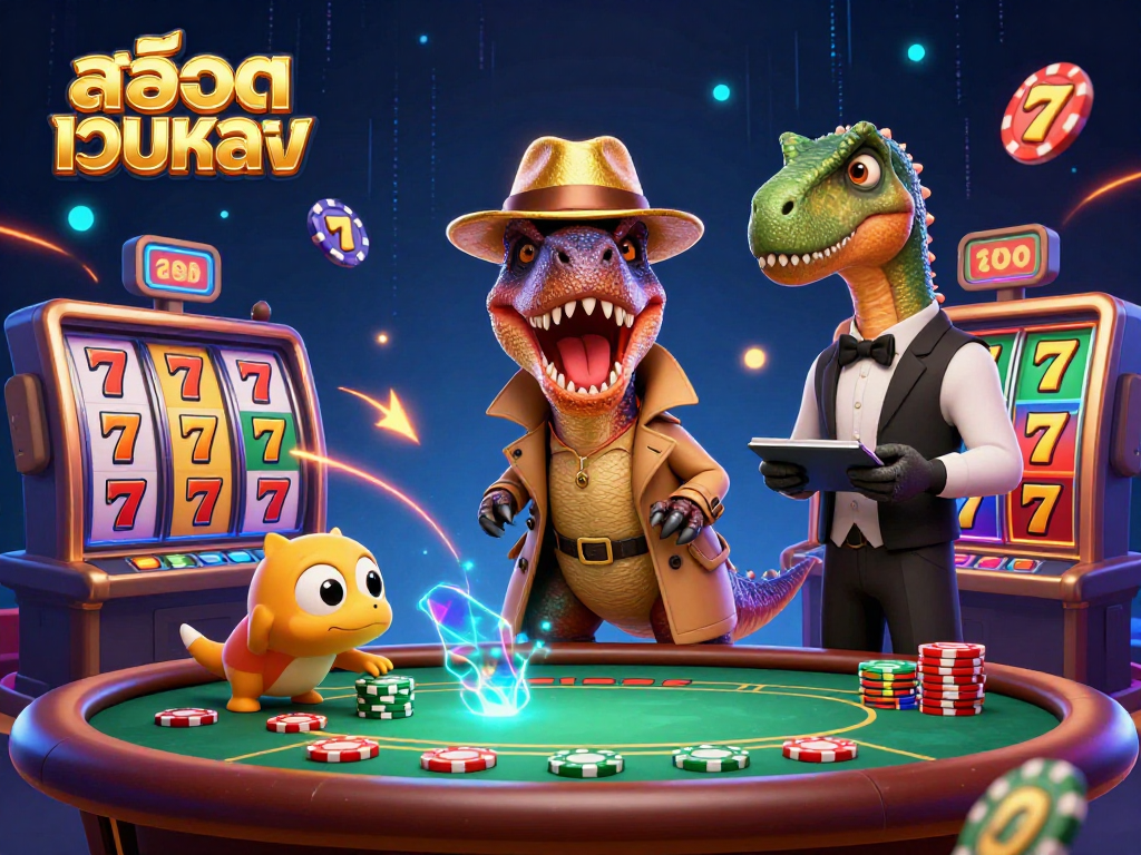 Engage in thrilling gameplay on สล็อตเว็บตรง with cartoon velociraptor card counter navigating a blackjack table.