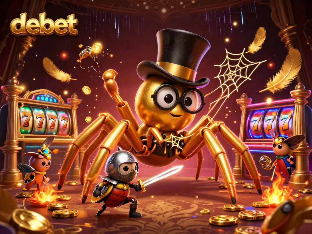 Engage in thrilling slot games with debet as a 3D golden tarantula weaves excitement in a vibrant casino scene.