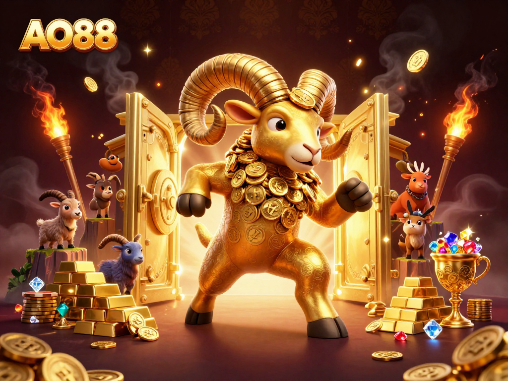 Experience the thrill of AO88 as the golden ram charges through a treasure-filled casino scene.