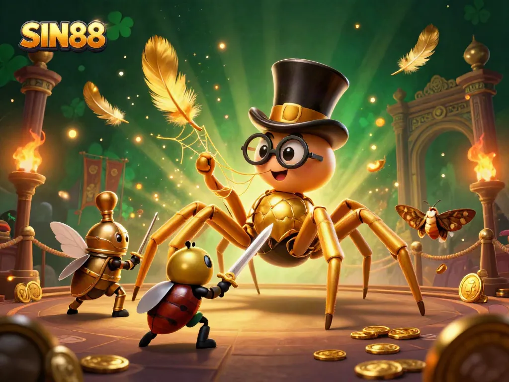 SIN88 showcases an epic casino scene with a golden tarantula and a beetle knight amidst gold coins and vibrant energy.