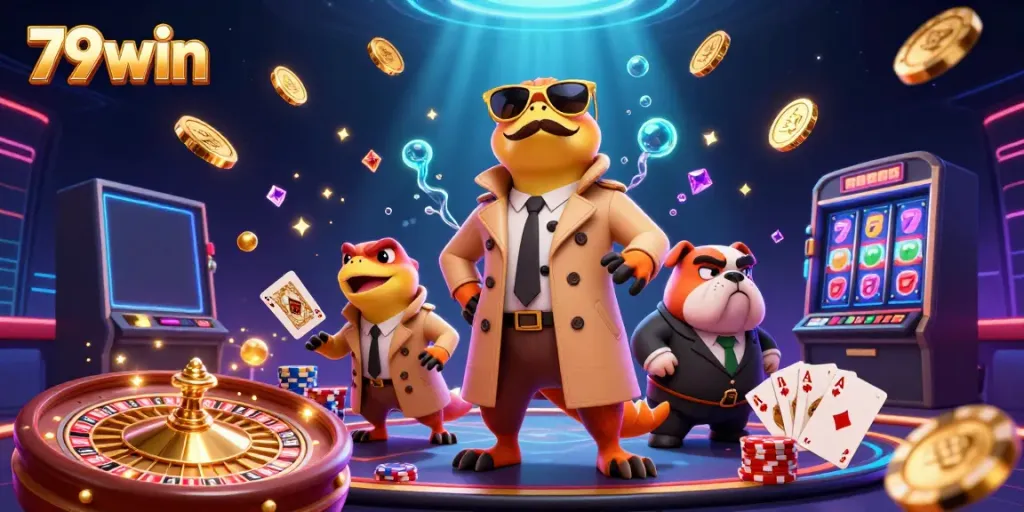 Experience the vibrant world of 79win, featuring playful raptors in a casino scene filled with excitement.