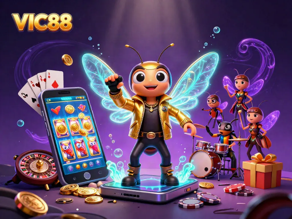 Experience exciting gameplay with VIC88's vibrant 3D scene featuring colorful slot games and dynamic characters.