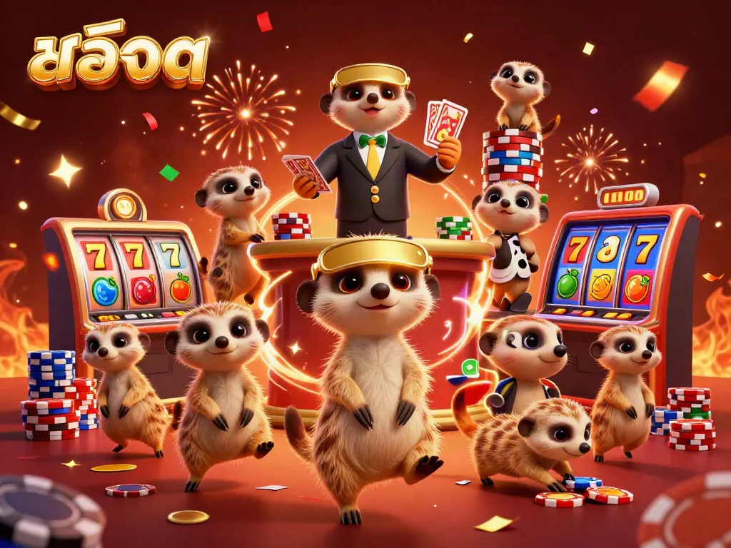 Exciting slots gameplay with animated meerkats showcasing vibrant สล็อต themes in a lively casino setting.