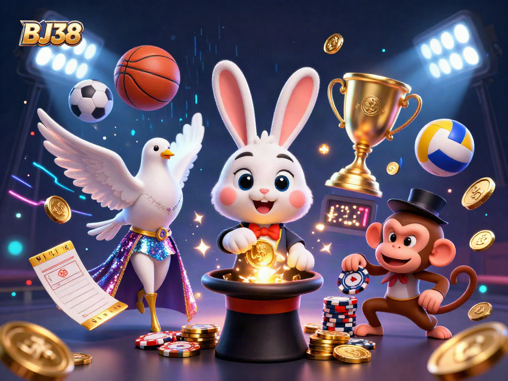 Experience thrilling gaming at BJ38 with a magician rabbit, glamorous dove, and monkey in a vibrant casino atmosphere