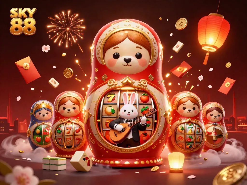 Experience excitement at SKY 88 with charming casino characters surrounded by vibrant game elements.