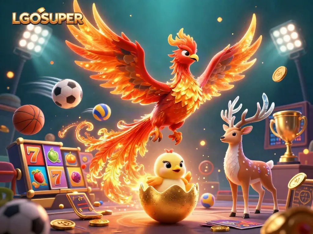 Experience thrilling slots with LGOSUPER featuring a fire phoenix and sports elements.