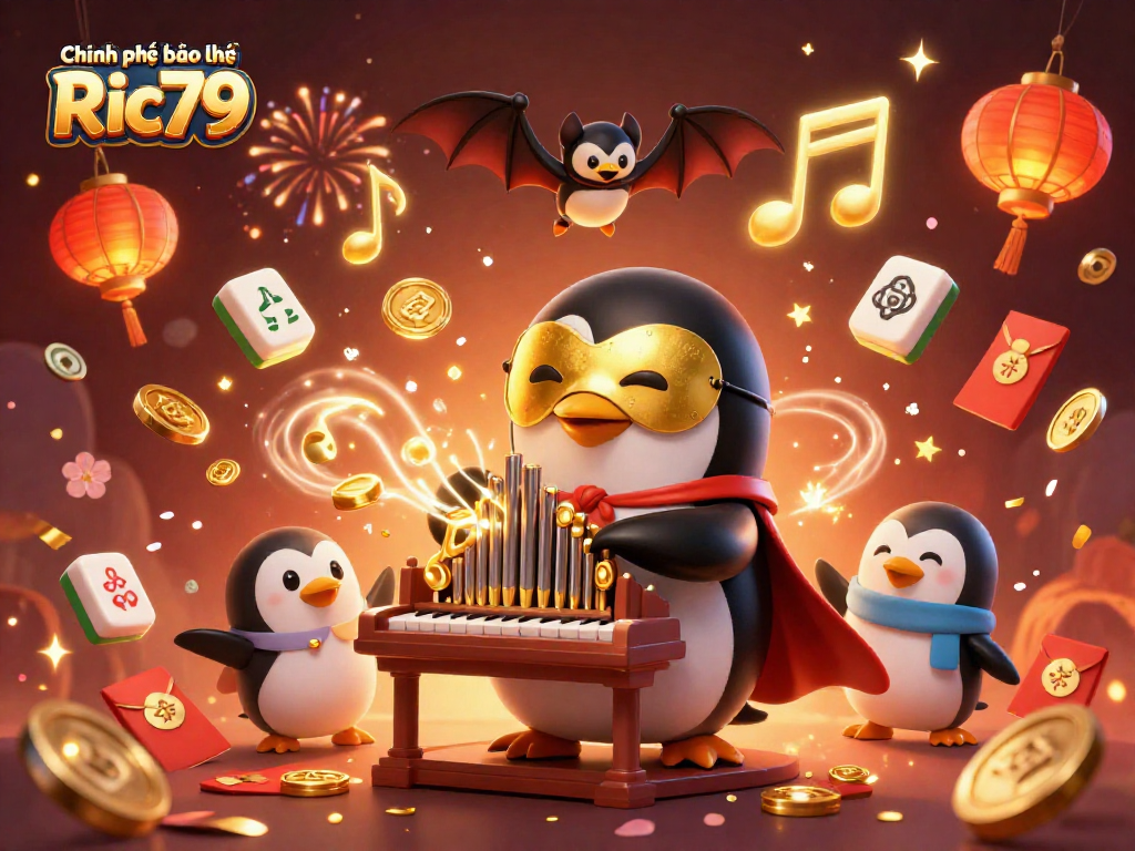 Engaging illustration showcasing Chính sách bảo mật Ric79 with a phantom opera penguin amidst golden symbols and celebratory elements.