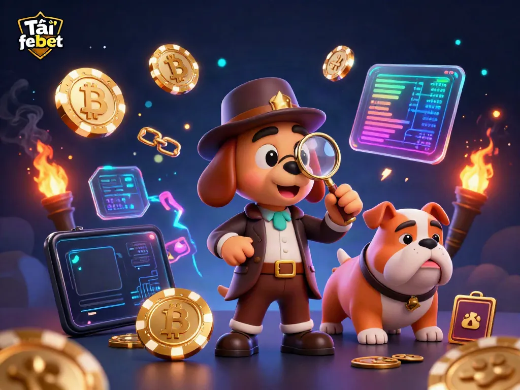 Experience the excitement of gaming with Tải febet, as detectives uncover casino treasures in a vivid neon scene.