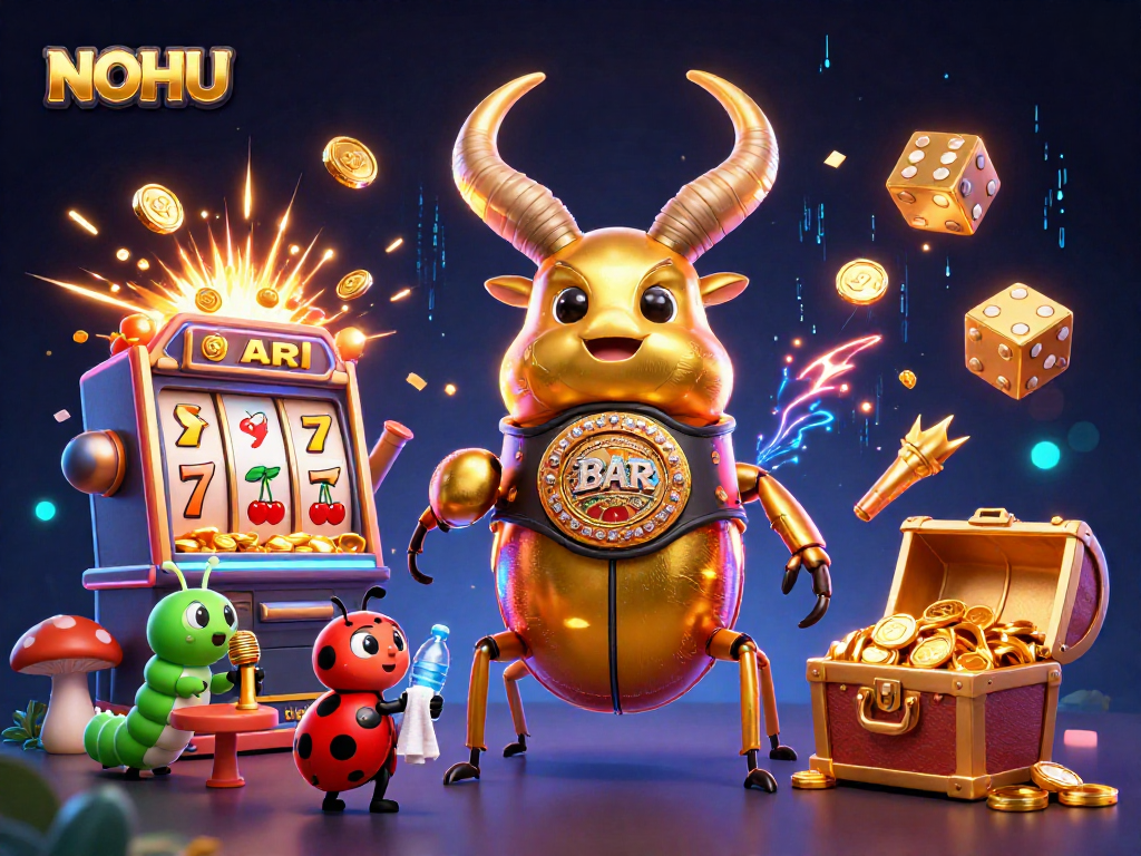 NOHU sizzles with excitement as a giant beetle champions a jackpot in a thrilling casino scene.