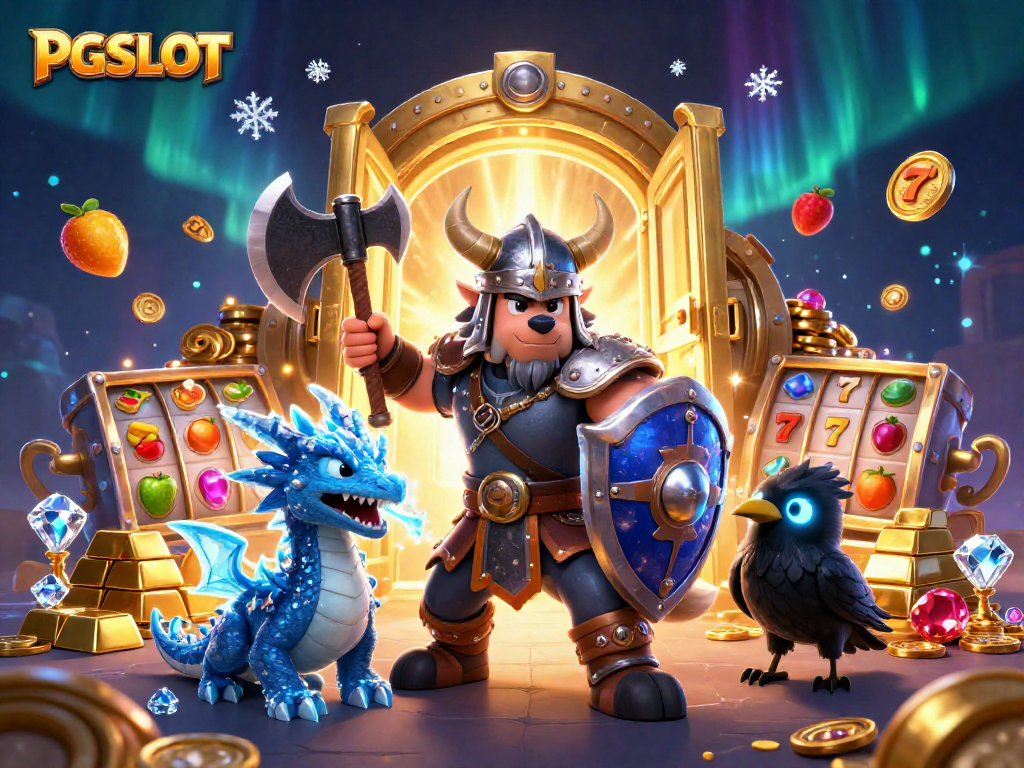 Experience PGSLOT action with exciting slot reels and rich treasure elements in this dynamic illustration.