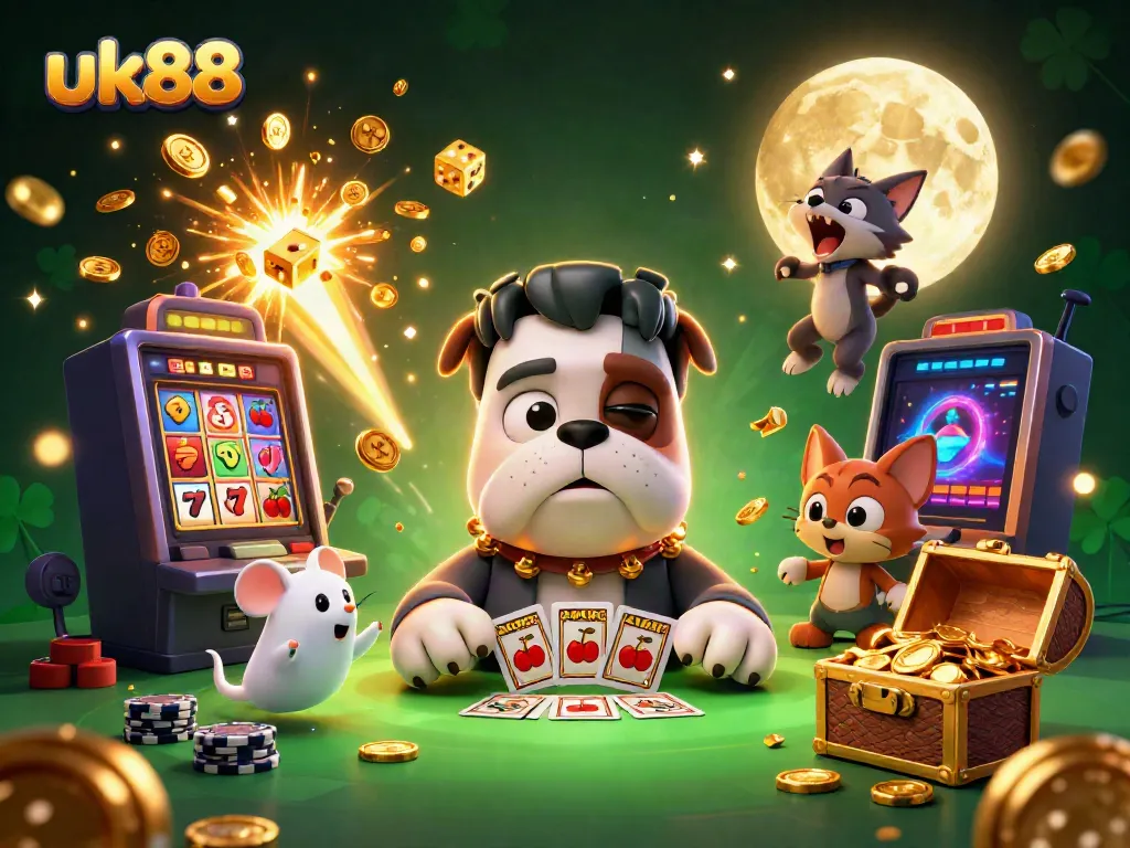 Experience the thrill of uk88 with a lively 3D casino scene featuring quirky characters and gaming excitement.