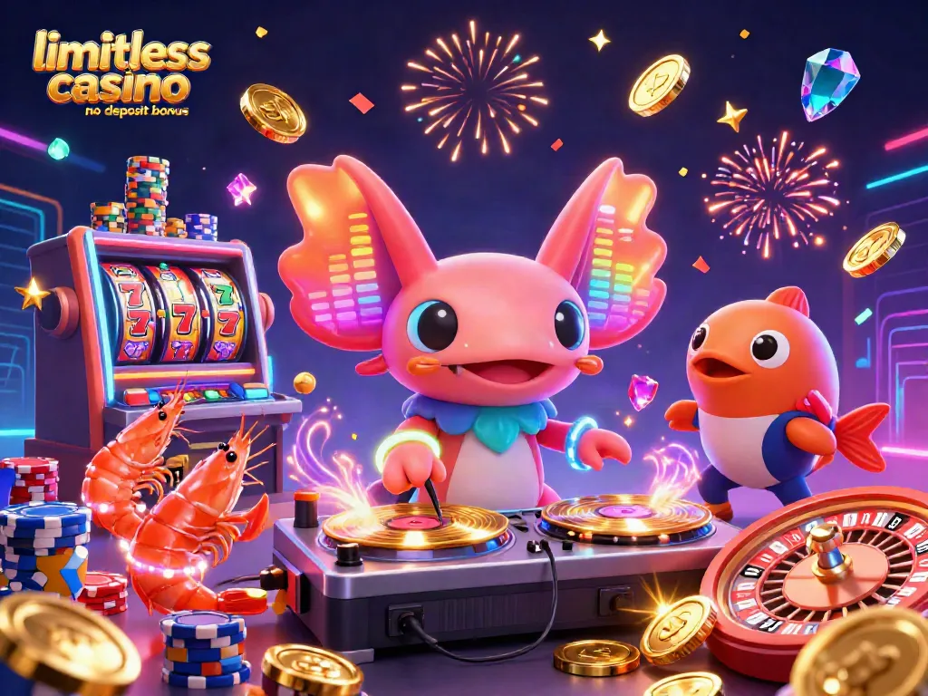Engage with the limitless casino no deposit bonus featuring vibrant slot reels, axolotl DJ, and sparkling gems.
