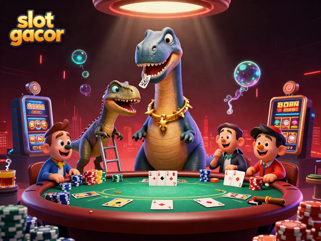 Slot gacor menyajikan ilusi kasino dengan dinosaurus dan permainan poker di latar belakang berwarna gelap.