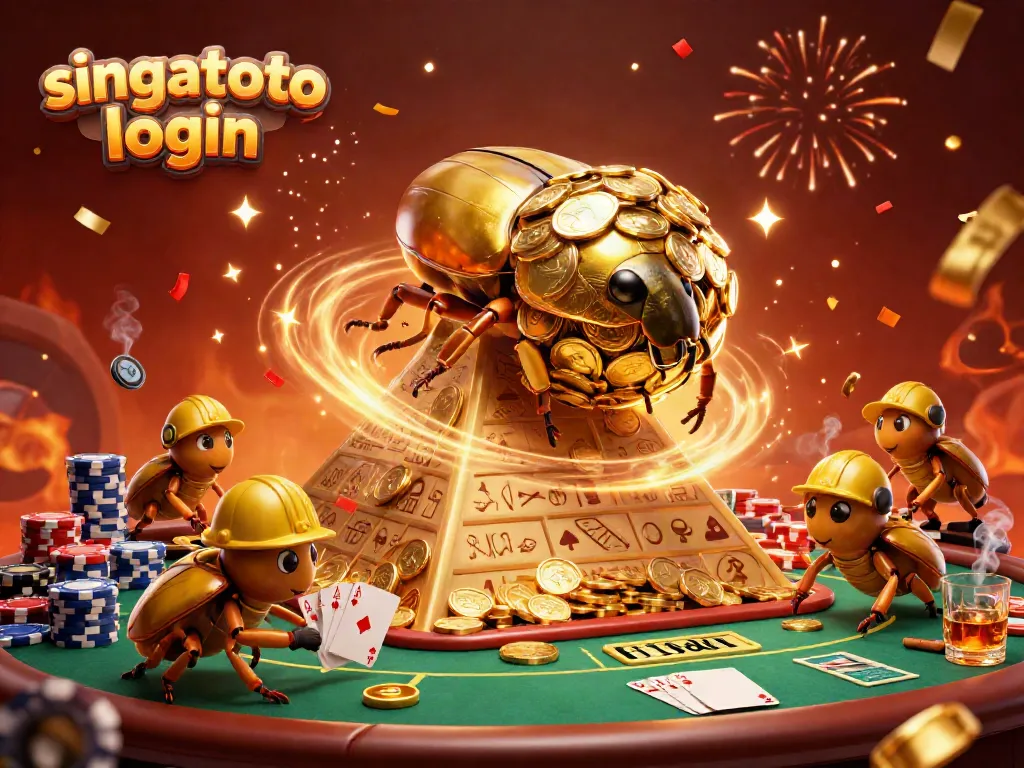Engage with the excitement of singatoto login while a golden dung beetle rolls coins amid casino symbols.