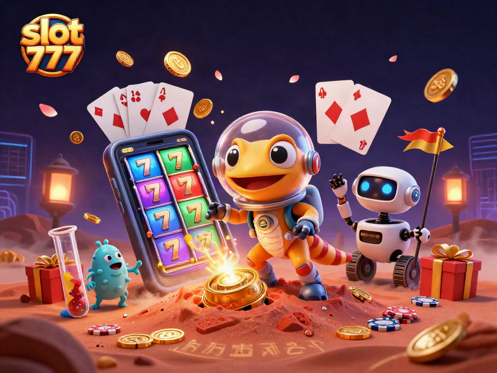Spin the slot 777 reels with a Martian gecko in a vibrant casino setting.