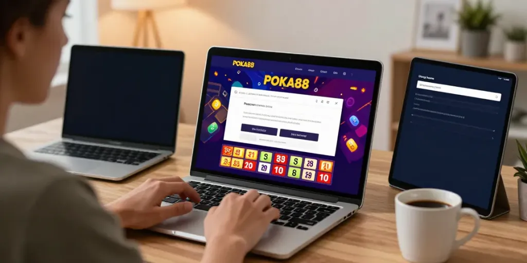 Engaged user accessing the poka88 link login on a laptop in a modern home office.