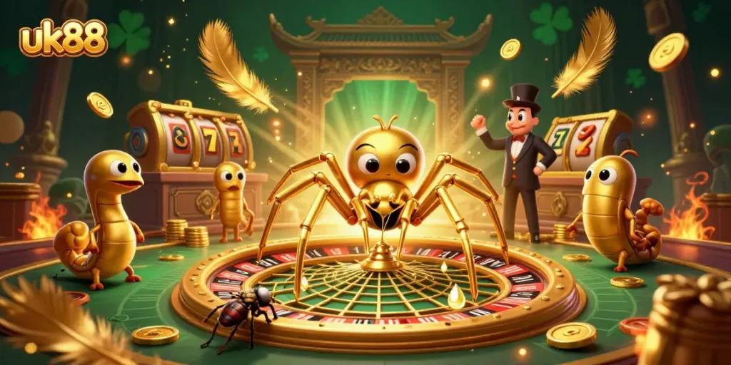 Experience electrifying gaming action at uk88 with a vivid scene of a spider spinning a roulette web, embodying the thrill of bets.